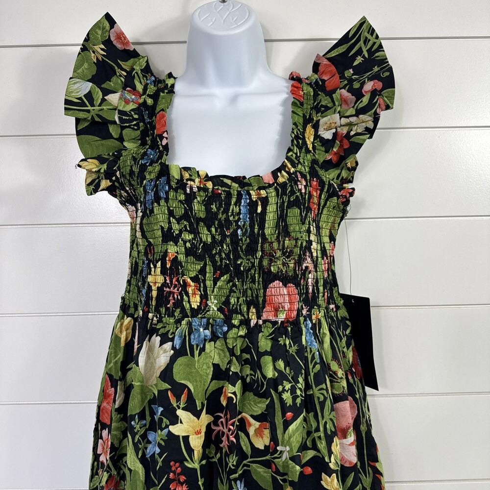 Tuckernuck Mallie Smocked Midi Dress Black Blooming Botanical Print sz L - Picture 2 of 7